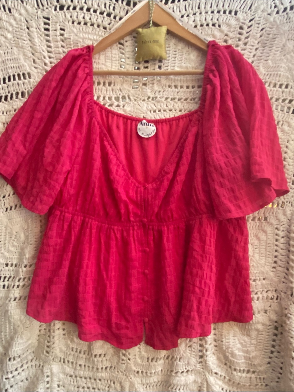 Arula Raspberry Pink Textured Peplum Blouse Size B 2X Flutter Sleeve